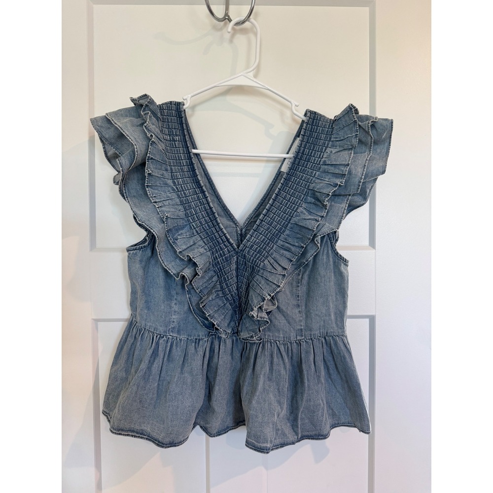 Mare Mare x Anthropologie Denim Ruffle Smocked cottagecore Peplum Top Blue S NWT
